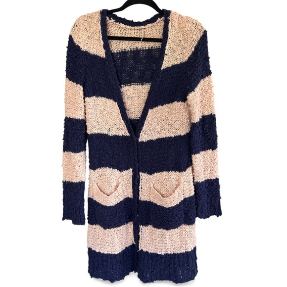 Free People Sweaters - FREE PEOPLE Rugby Striped Chunky Bouclé Knit Long Cardigan Boho Cottage Size M